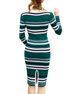 Green One Size Round Neck Long Sleeve Sweater Dress 