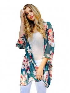 Green S-XL Floral Print Chiffon Long Coat