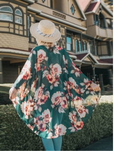 Green S-XL Floral Print Chiffon Long Coat