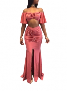 Pink S-XL Off-Shoulder Ruffle Evening Dress