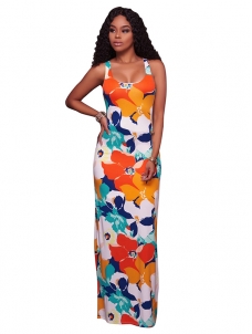 Womens Sleeveless Floral Print Crisscross Maxi Dress