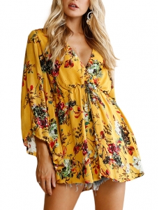 Yellow S-XL V Neck Floral Printed Casual Dress
