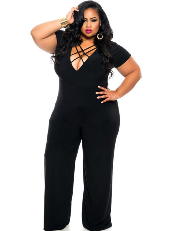 2 Colors L-4XL V Neck Plus Size Jumpsuit