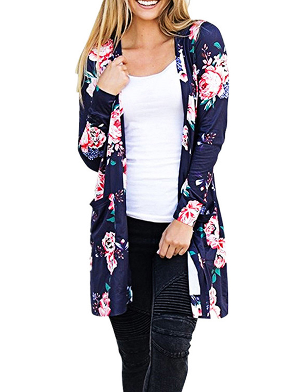 3 Colors S-XL Formfitting Flower Pattern Long Jacket&Coat