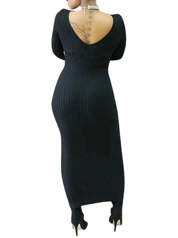 3 Colors S-XL Sexy Collar Knitting Long Sweater Dress