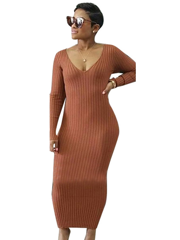 3 Colors S-XL Sexy Collar Knitting Long Sweater Dress