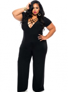 2 Colors L-4XL V Neck Plus Size Jumpsuit