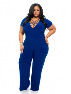 2 Colors L-4XL V Neck Plus Size Jumpsuit