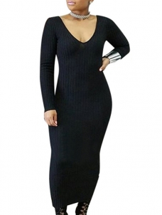 3 Colors S-XL Sexy Collar Knitting Long Sweater Dress