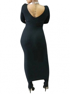 3 Colors S-XL Sexy Collar Knitting Long Sweater Dress