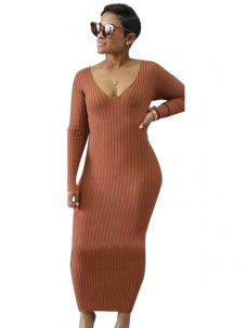 3 Colors S-XL Sexy Collar Knitting Long Sweater Dress