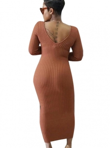 3 Colors S-XL Sexy Collar Knitting Long Sweater Dress