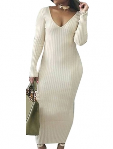 3 Colors S-XL Sexy Collar Knitting Long Sweater Dress