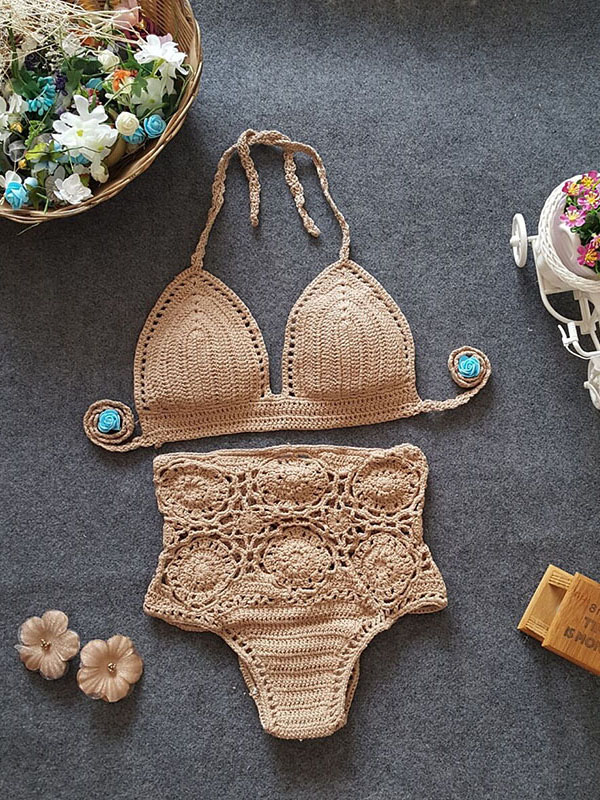 Khaki Women Beach Crochet Sexy Swimwear