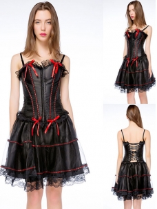 Black Red Lace Trimmed Overbust Corset With Skirt S-6XL