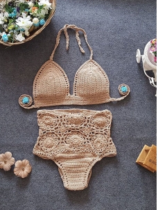 Khaki Women Beach Crochet Sexy Swimwear