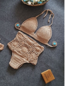 Khaki Women Beach Crochet Sexy Swimwear