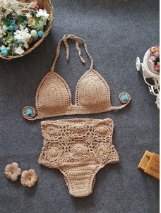 Khaki Women Beach Crochet Sexy Swimwear