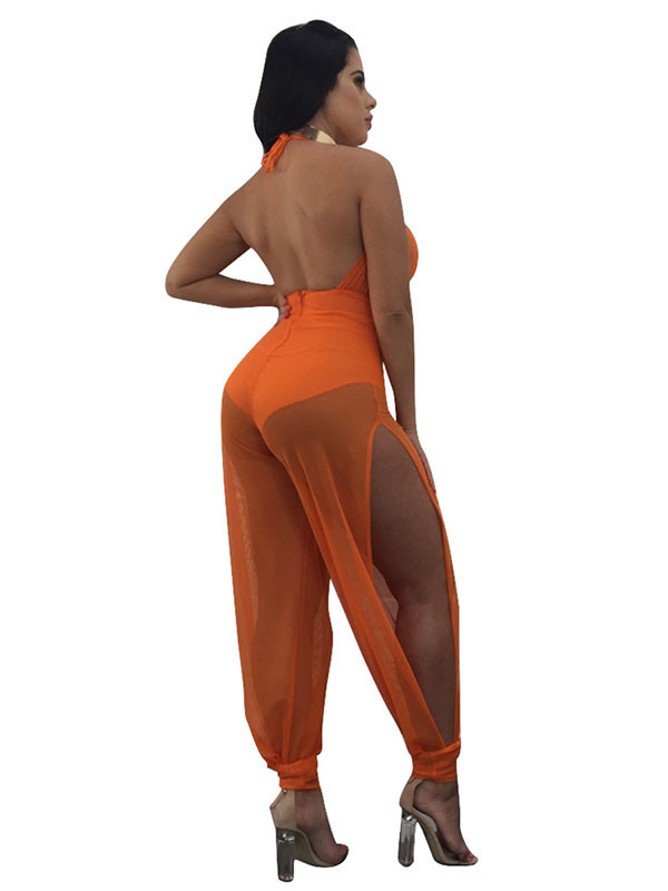  Orange Sexy Sleeveless See-Through Jumpsuits 