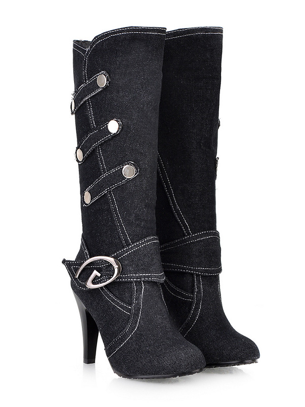 Black Ladies Splice Buckle Denim Boots 