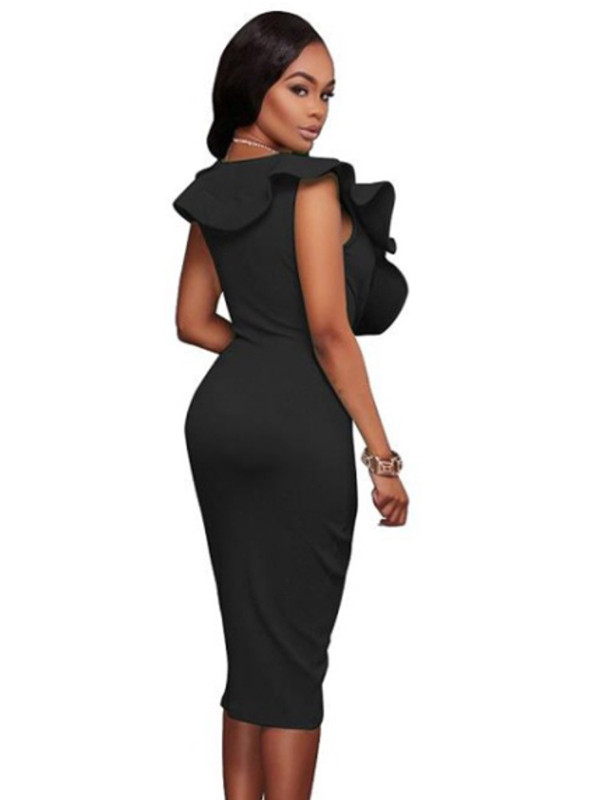 Black  Sexy V Neck Sleeveless Midi Dresses