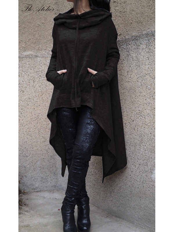 Black Fashion Asymmetrical Hem Pullover Hooodies