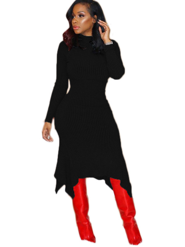 Black Trendy Turtleneck Asymmetrical Dress