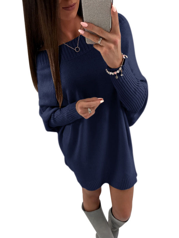 Blue Dew Shoulder Knitting Sweater Dress