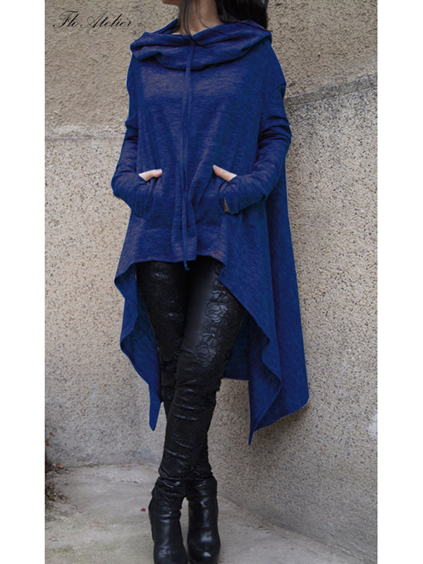 Blue Fashion Asymmetrical Hem Pullover Hooodies