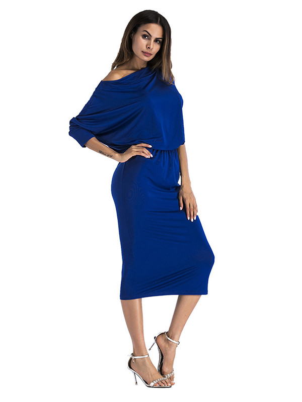 Blue Stylish Dew Shoulder Asymmetrical  Dress