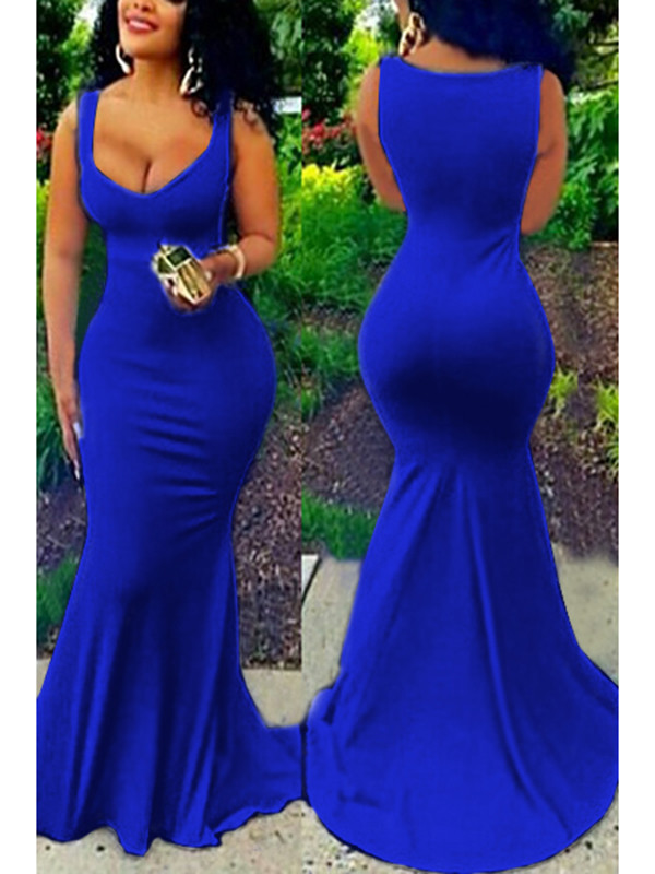 Blue U-shaped Neck Sleeveless Maxi Dress