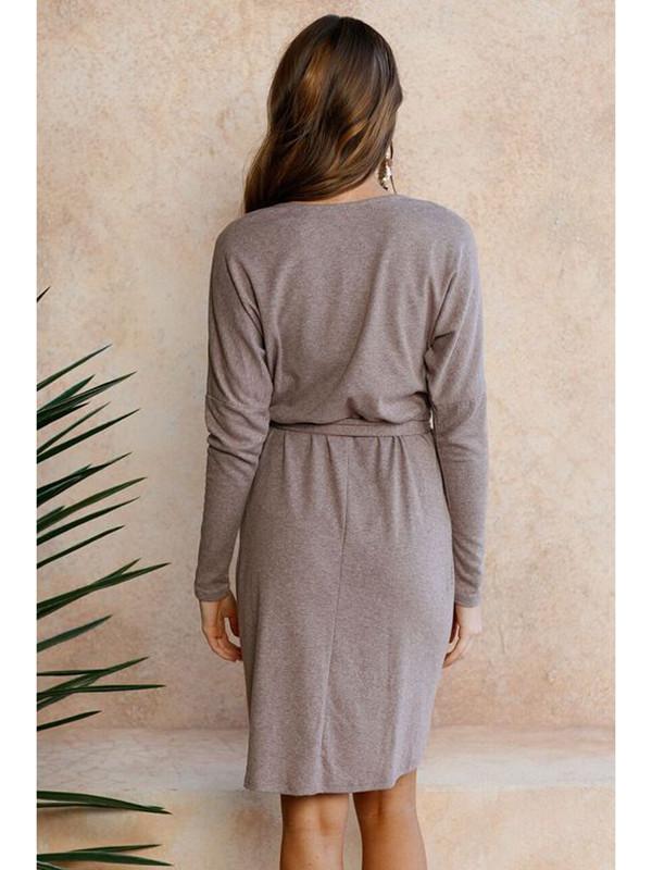 Brown Long Sleeves Asymmetrical Sweater Dress 