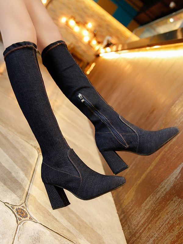 Dark Blue Fashion High Heel Jeans Boots