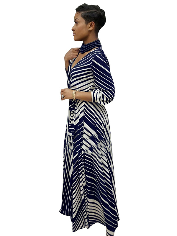 Dark Blue Stripe Printed Ankle Length Casual Dress
