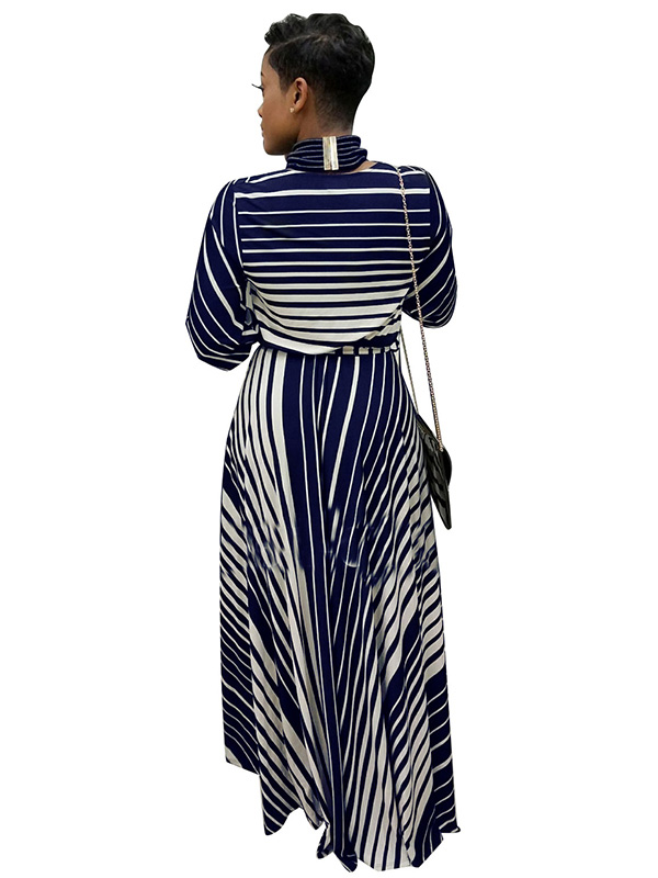Dark Blue Stripe Printed Ankle Length Casual Dress
