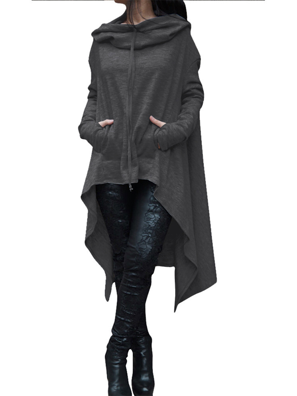 Dark Grey Asymmetrical Hem Pullover Hooodies