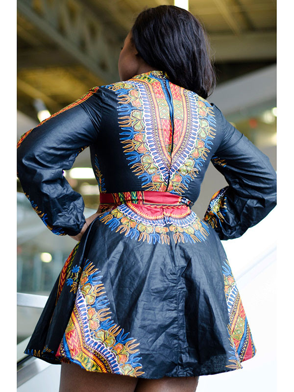 Ethnic Style Long Sleeves Totem Printed Black Mini Dress
