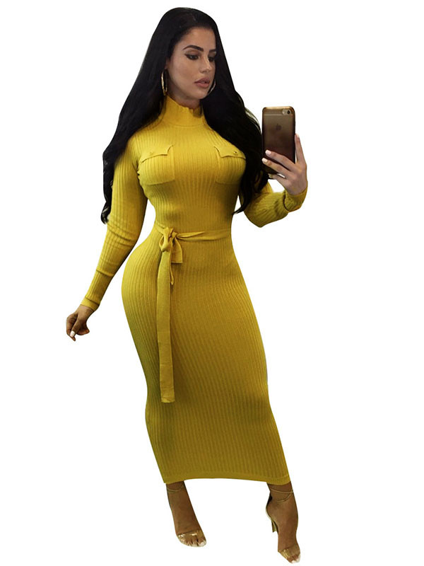 Euramerican Long Sleeves Yellow Polyester Mid Calf Dress