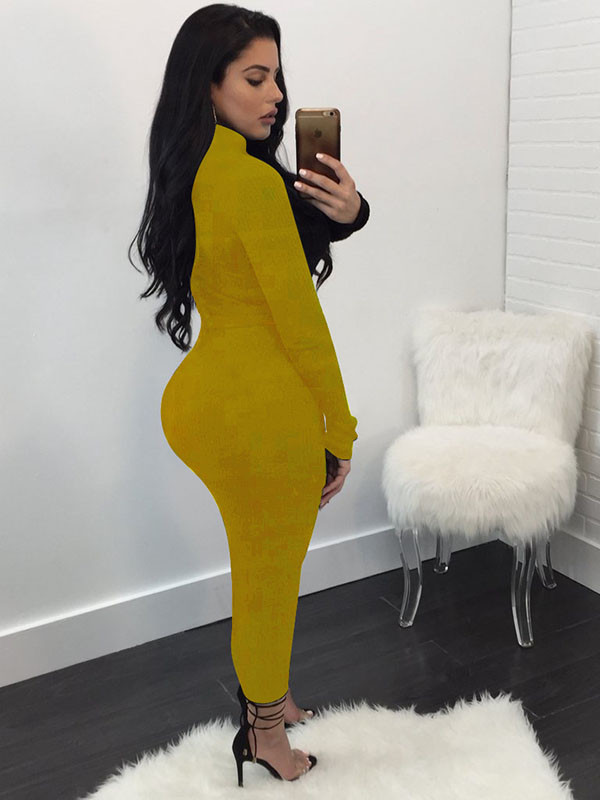 Euramerican Long Sleeves Yellow Polyester Mid Calf Dress