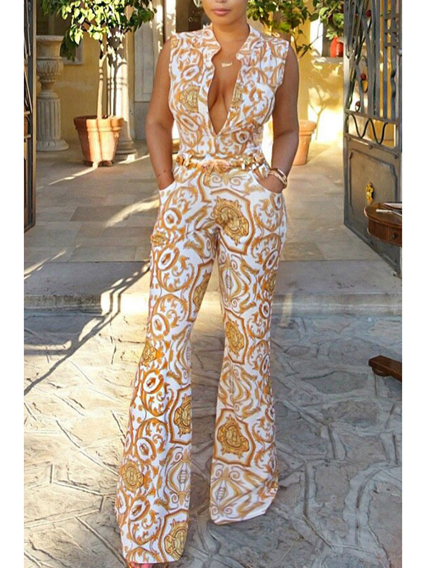 Euramerican V Neck Printed Jumpsuits(Without Belt) 