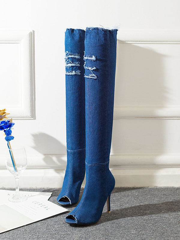 Fashion Over Knee Open Toe Jeans Boots