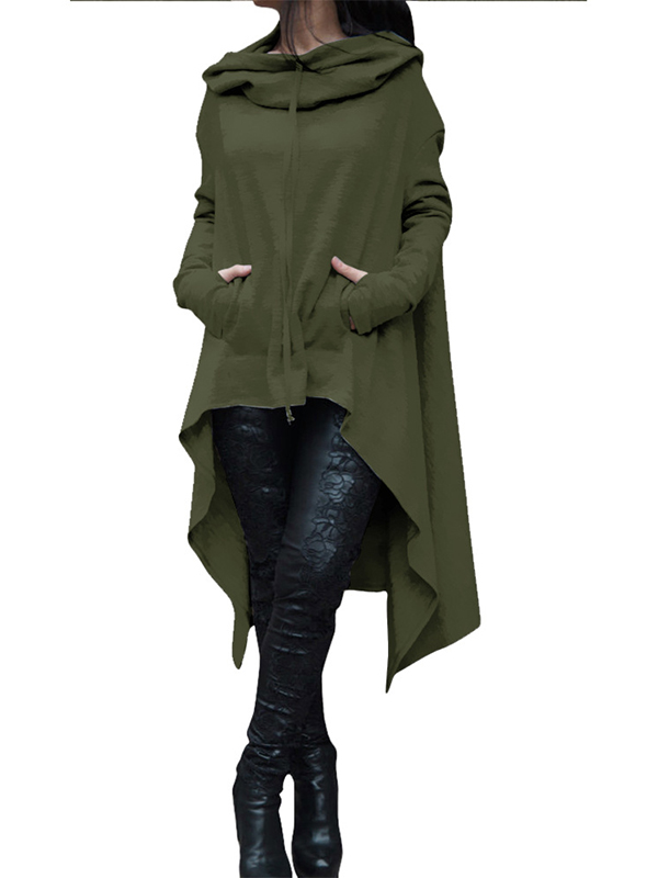 Green Fashion Asymmetrical Hem Pullover Hooodies