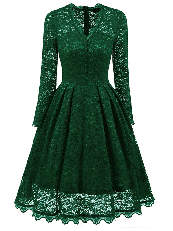 Green Fashion Lace Trim Patchwork Dress