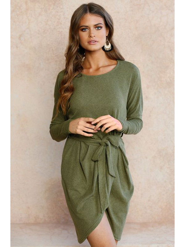 Green Long Sleeves Asymmetrical Sweater Dress 