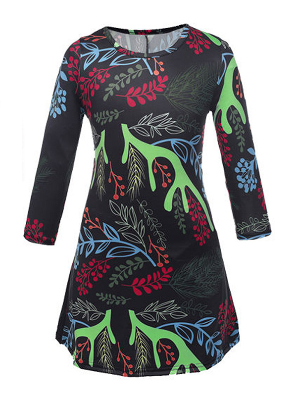 Green Round Neck Long Sleeves Polyester Printed Casual Dress