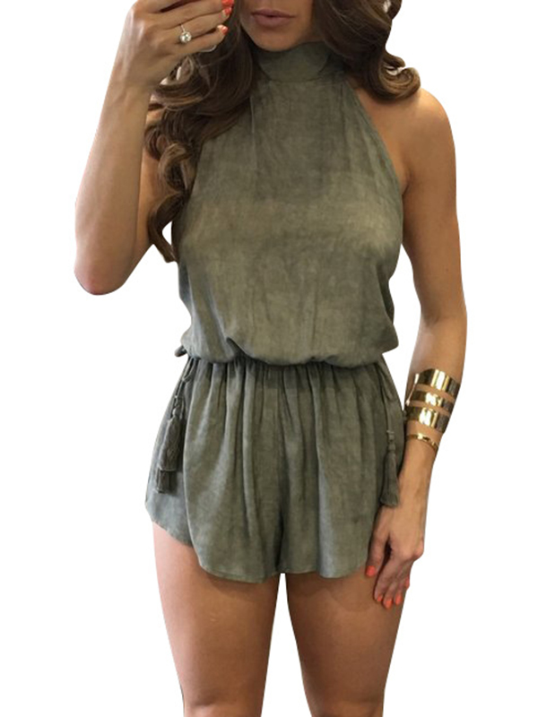 Green Round Neck Sleeveless Backless Jumpsuits 