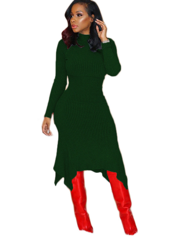 Green Trendy Turtleneck Asymmetrical Dress