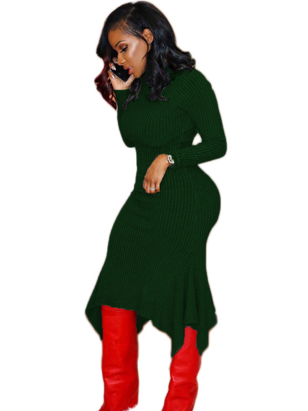 Green Trendy Turtleneck Asymmetrical Dress