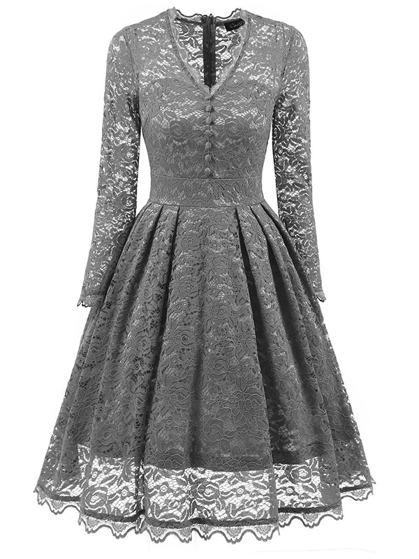 Grey Fashion Lace Trim Patchwork Dress