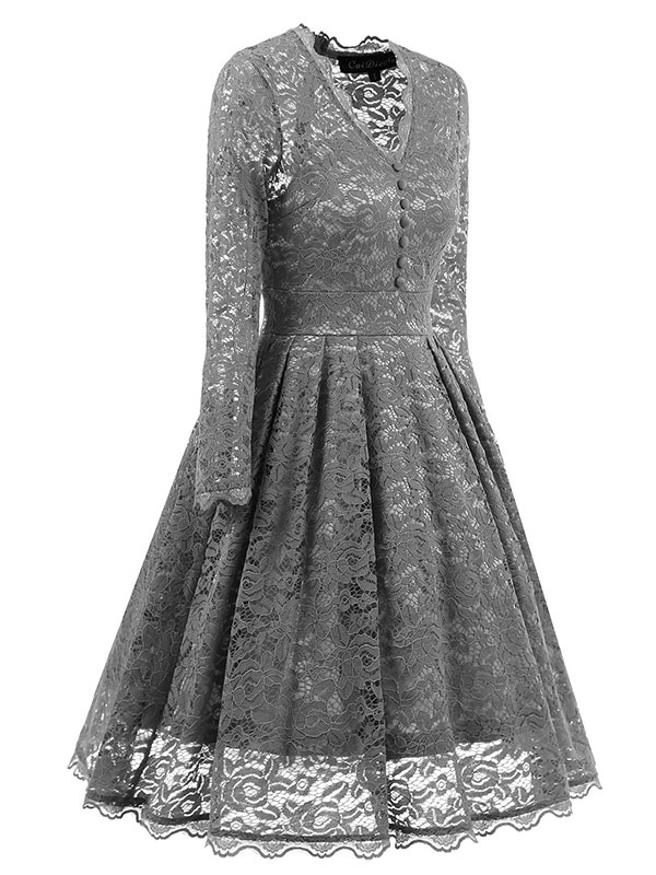 Grey Fashion Lace Trim Patchwork Dress